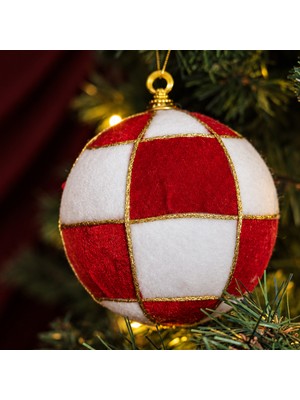 Dekorsende Yılbaşı Ağaç Topu Kareli Desen Kırmızı Beyaz 20 cm