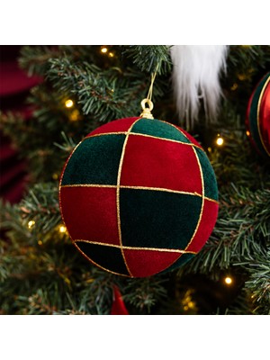 Dekorsende Yılbaşı Ağaç Topu Kareli Desen Bordo Yeşil 20 cm