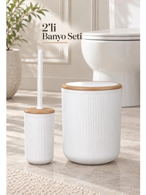 Okyanus Home Linea Due Kırık Beyaz Çizgili Yuvarlak 2'li Wc Kova ve Fırça Seti