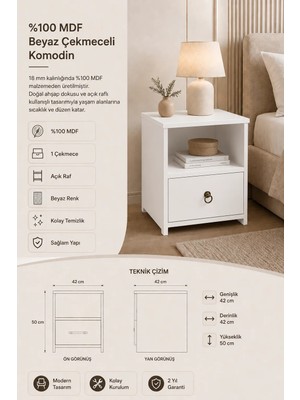 Renazzo Mobilya Renazzo %100 Mdf Komodin - Çekmeceli Beyaz