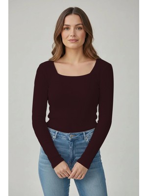 CHEISU Kadın Bordo Uzun Kollu Kare Yaka T-Shirt Bluz Kaşkorse Fitilli