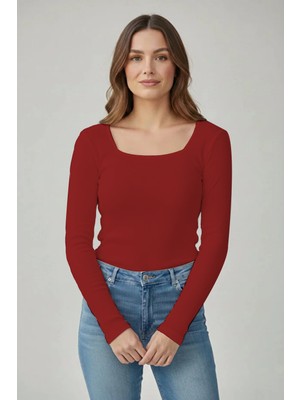 CHEISU Kadın Kırmızı Uzun Kollu Kare Yaka T-Shirt Bluz Kaşkorse Fitilli