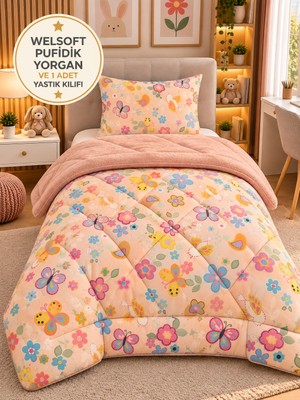 Violacasa Tek Kişilik Çift Taraflı Premium Welsoft Yorgan Yastık Kılıflı Pudra Flower