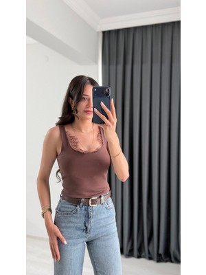 Seda Unlu Butik Meyri Dantelli Tam Pamuklu Premium Atlet Kahve