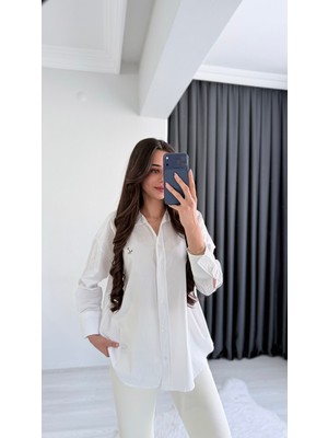 Seda Unlu Butik Beymi Pamuklu Kumaş Poplin Gömlek Beyaz