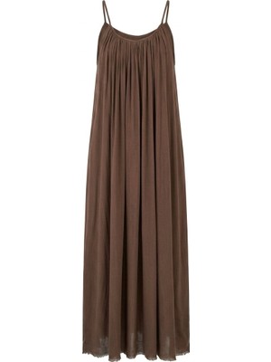Seda Unlu Butik Bahre Keten Kumaş Astarlı Askılı Kahve Elbise