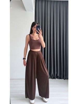 Seda Unlu Butik Neva Modal Pileli Bol Paça Kahve Pantolon