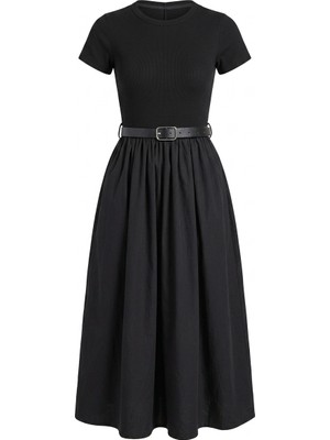 Seda Unlu Butik Frenk Kemerli Eteği Poplin Kumaş Siyah Elbise