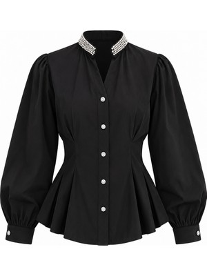 Seda Unlu Butik Orlana Inci Detay Pileli Bele Oturan Gömlek Siyah