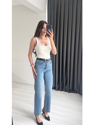Seda Unlu Butik Wang Koyu Mavi Kemerli Yüksek Bel Jean