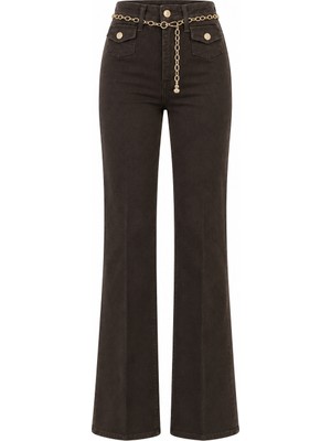 Seda Unlu Butik Moson Zincir Kemerli Cep Detaylı Wide Leg Jean Kahve