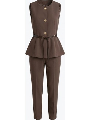 Seda Unlu Butik Boby Kahve Kemerli Premium Pantalon Yelek Takım