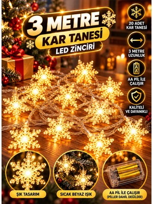 LED Işık 3 Metre Kar Tanesi,  20 Adet Gün Işığı 2 Pilli Yılbaşı Çam Ağacı Pencere Dekoratif Süsleme Işığı