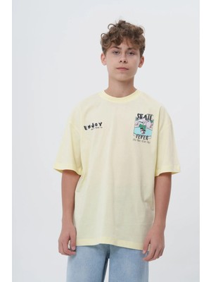 Haykids Erkek Çocuk Oversize Skate Fever Baskılı Kaykay Temalı Tişört Sarı - 9 Yaş