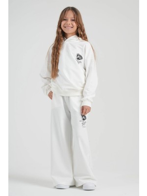 Haykids Kız Çocuk Gül Baskılı Kapüşonlu Sweatshirt Geniş Paça Eşofman Takımı Beyaz - 5 Yaş