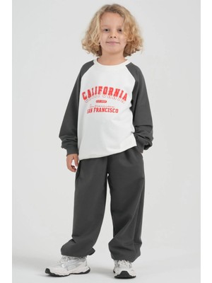 Haykids Raglan Kollu Çocuk Eşofman Takımı - California Baskılı Iki Iplik Oversize Takım Füme - 3 Yaş