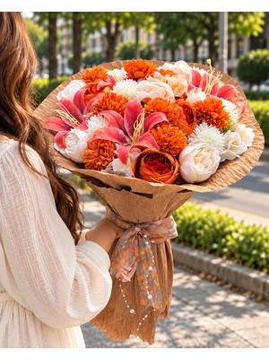 Erhan Flowers Yapay Turuncu Mercan Lilium ve Gül Aranjmanı Kraft Ambalajlı Incili Çiçek Buketi
