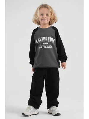 Haykids Raglan Kollu Çocuk Eşofman Takımı - California Baskılı Iki Iplik Oversize Takım Siyah - 7 Yaş