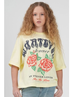 Haykids Kız Çocuk Oversize Gül Baskılı T-Shirt Sarı - 11 Yaş