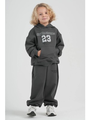 Haykids Çocuk Unisex ''enjoy The Changes'' Baskılı Kapüşonlu Sweatshirt ve Bol Paça Eşofman Altı Ikili Takım Füme - 7 Yaş