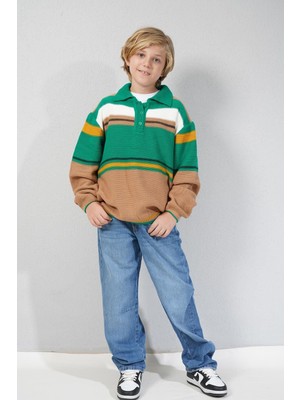 Haykids Erkek Çocuk Çizgili Polo Yaka Triko Kazak - G152782 - Gri Yeşil - 10 Yaş