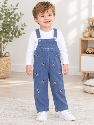 Bubiee Baby Erkek Çocuk Köpek Nakışlı Kot Bahçıvan Tulum -Denim Salopet Ikili Takım