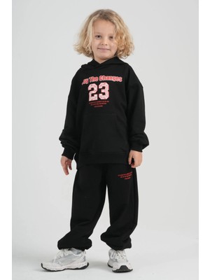 Haykids Çocuk Unisex ''enjoy The Changes'' Baskılı Kapüşonlu Sweatshirt ve Bol Paça Eşofman Altı Ikili Takım Siyah - 7 Yaş