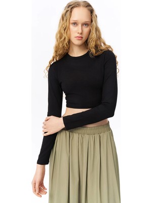 Quzu Uzun Kollu Basic Crop Bluz  - Siyah Siyah - M