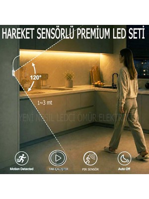 Yeni Nesil Ledci Ömür Elektro Led Sensörlü  LED Seti 2 Metre Beyaz Işık ((Tak Çalıştır - Arkası Yapışkanlı - Tam Set))