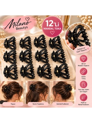 Milano Beautys 12'li Siyah Kelebek Model Mandal Saç Tokası Seti – Kalp Detaylı, Güçlü Tutuşlu, Şık Kadın Saç Aksesuarı