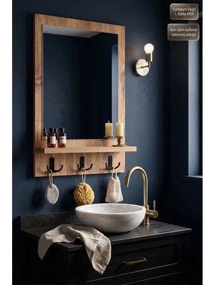 Montesev Antik Ahşap Dekoratif Ayna Raflı Askılıklı Banyo Lavabo Oda Dresuar Koridor Konsol Mutfak Makyaj Aynası Hb-X1