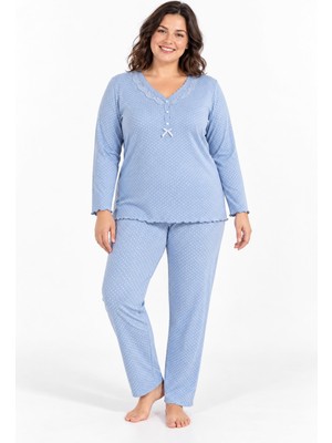 Etoile Kadın Büyük Beden Uzun Kol V Yaka Yarım Düğmeli Mavi Pijama Takımı C1T0N104