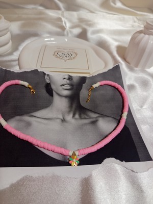 CSAY Moda Pembe ve Beyaz Fimo Boncuk Ortası Renkli Çiçek Detaylı Kolye