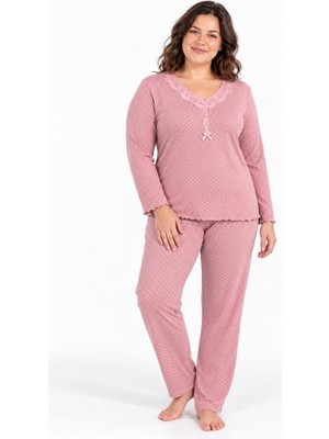 Etoile Kadın Büyük Beden Uzun Kol V Yaka Yarım Düğmeli Pembe Pijama Takımı C2T0N104-B