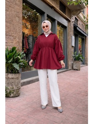Comstar Kadın Trend Balon Kol Bordo Büzgülü Tesettür Gömlek