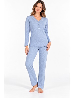 Etoile Kadın Uzun Kol V Yaka Yarım Düğmeli Mavi %100 Pamuk Pijama Takımı C1T0N104