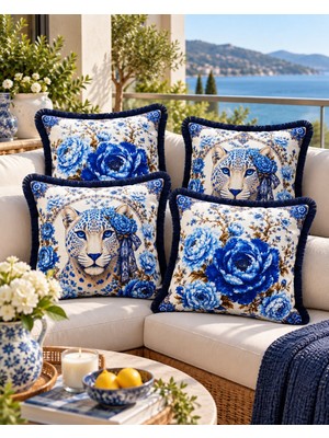 Sunum Luxe Sunumluxe Mavi Leopar Desenli 4’lü Saçaklı Kırlent Kılıfı