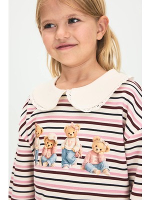 DeFacto Bebe Yaka Çizgili Ayıcık Baskılı Sweatshirt Kız Bebek I7726A526WN