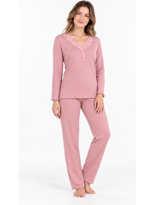 Etoile Kadın Uzun Kol V Yaka Yarım Düğmeli Pembe %100 Pamuk Pijama Takımı C2T0N104