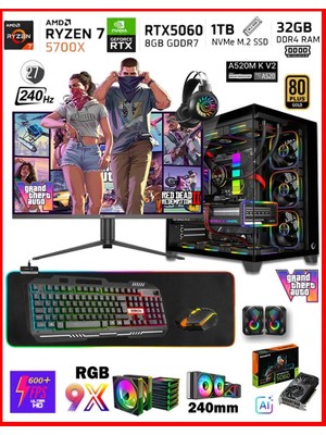 Zeiron Warrior Eagle X55 Ryzen 7 5700X - A520M-K V2 32GB 1TB M.2 SSD⚡RTX5060⚡27" 240Hz Sıvı Soğutmalı Oyuncu Bilgisayar