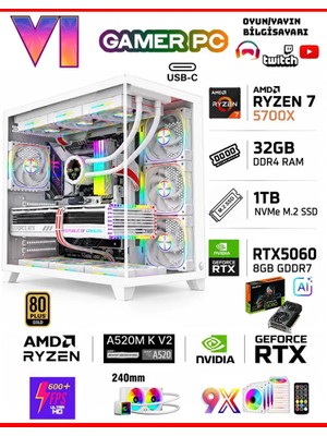 Zeiron Mirage X50 Pro White⚡RTX5060⚡8GB ∣ R7 5700X ∣ A520M-K V2 ∣ 32GB RAM ∣ 1TB M.2 SSD Sıvı Soğutmalı Masaüstü Oyuncu Bilgisayarı
