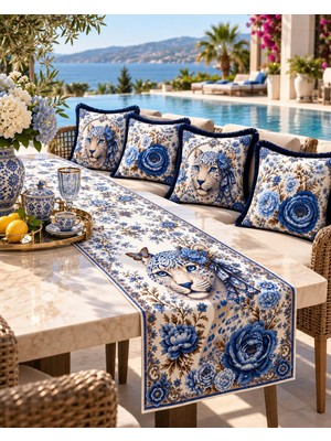 Sunum Luxe Sunumluxe Mavi Leopar Desenli Runner + 4’lü Kırlent Kılıfı Kombin Seti