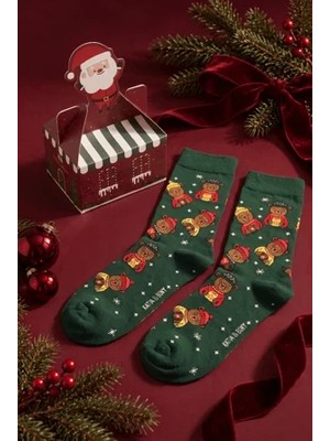 Bony Socks Unisex Noel Baba Kutulu Pamuklu Yeşil Yılbaşı Soket Çorabı