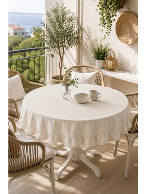 Luxoras Home Keten Fırfırlı Yuvarlak Masa Örtüsü Country Bohem Dekoratif Salon ve Mutfak Örtüsü