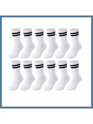 Bezos Unisex Beyaz Çorap Siyah Çizgili 12'li Set Uzun Soket Günlük Spor Kolej Stil Kadın Erkek Çorabı Btkfz