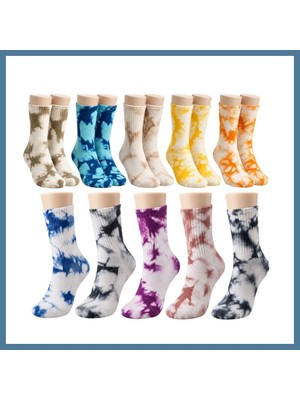 Bezos Unisex Batik Spor Çorap 10'lu Set Tie Dye Tenis Çorabı Koyu Retro Renkler Günlük Rahat Konforlu Stil Btkfz