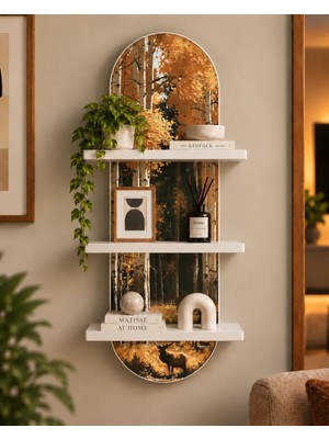 Soprano Sonbahar Ormanı ve Geyik Temalı 3 Raflı Oval Duvar Rafı, 70 x 25 Cm, Mdf