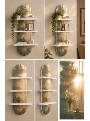 Soprano Güneşli Pencere ve Çiçekler Temalı 3 Raflı Oval Duvar Rafı, 70 x 25 Cm, Mdf