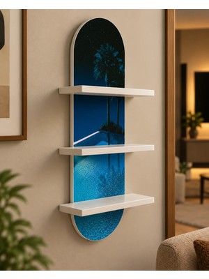 Soprano Gece Palmiyesi ve Turkuaz Havuz Temalı 3 Raflı Oval Duvar Rafı, 70 x 25 Cm, Mdf