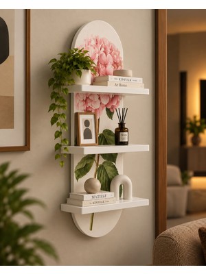 Soprano Pembe Şakayık Çiçeği Temalı 3 Raflı Oval Duvar Rafı, 70 x 25 Cm, Mdf